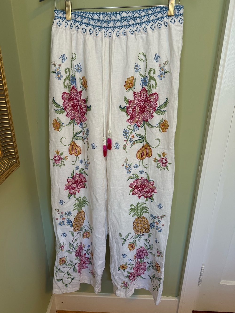 White Floral Faux Embroidered Wide-Leg Pants